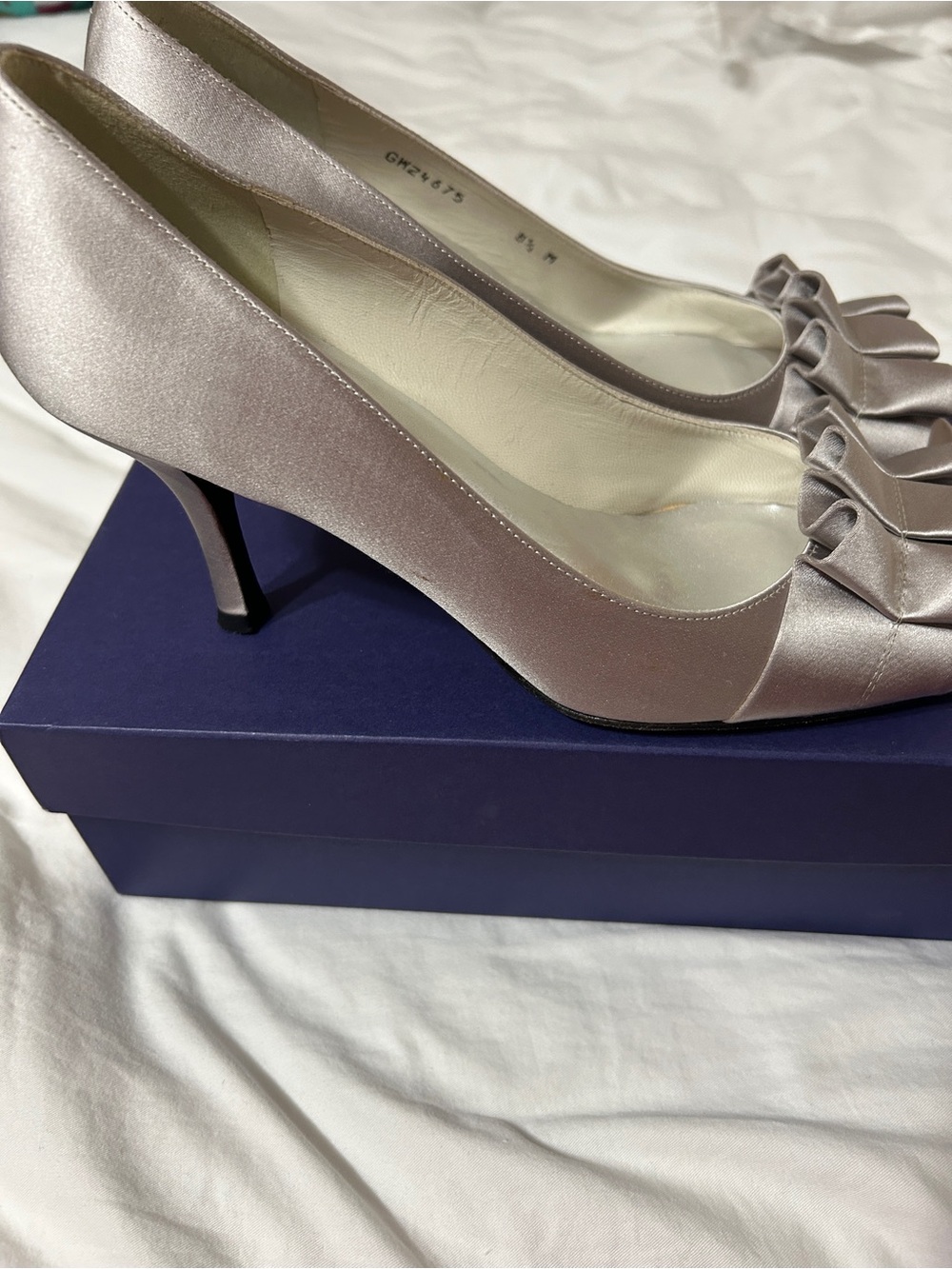 Stuart Weitzman Silver Satin Peep-Toe Pumps with Ruffle Accent - Picture 5 of 8